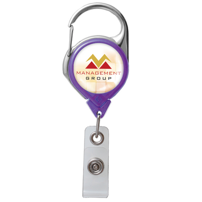 Translucent Custom Carabiner Badge Reel With No Twist Strap Clip (704-TR) with a purple casing, a silver clip, and a circular full-color logo for "Management Group" featuring two orange and yellow peaks.