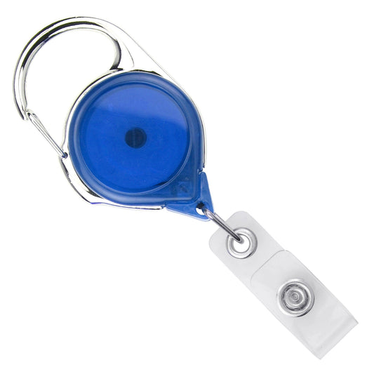 A blue Translucent Color Carabiner No Twist Badge Reel With Standard Strap Clip 704-TR features a translucent color carabiner and 36" reach.