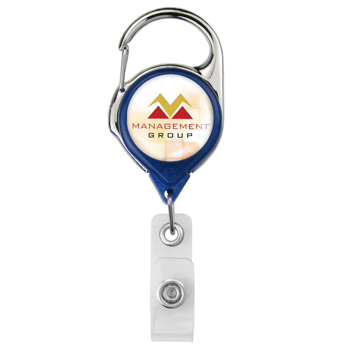 A Translucent Custom Carabiner Badge Reel With No Twist Strap Clip (704-TR), displaying a full-color logo with an orange and yellow triangle design and the text "MANAGEMENT GROUP." Attached is a transparent plastic ID clip. You can customize this stylish accessory to fit your branding needs.