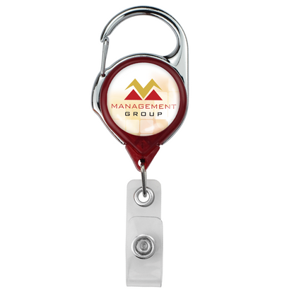 A Translucent Custom Carabiner Badge Reel With No Twist Strap Clip (704-TR) featuring a customizable, full-color logo with the text "MANAGEMENT GROUP" on its front. The base is red and silver, complemented by a transparent plastic ID holder at the end.