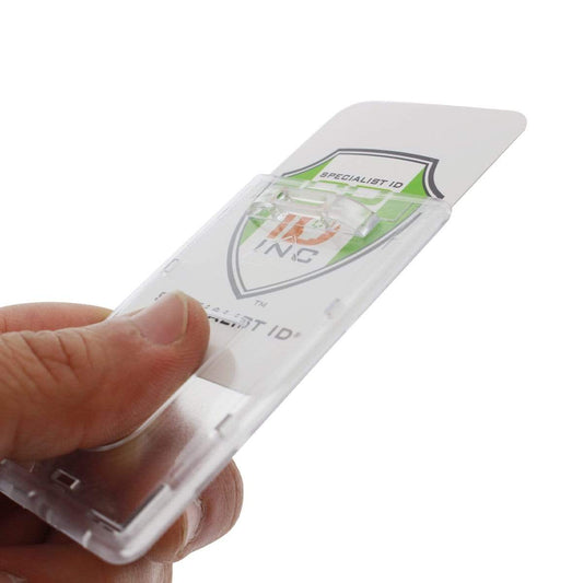 A hand holding a Premium Top Load Slim Rigid Plastic ID Badge Holder with Easy Access Thumb Slide Removal (706-N) with a card inside that has a green and orange emblem, resembling a credit card sized ID.