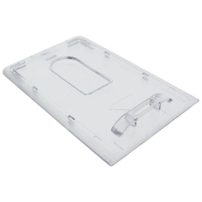 A Premium Top Load Slim Rigid Plastic ID Badge Holder with Easy Access Thumb Slide Removal (706-N) with a slot for a credit card-sized ID and a clip on one side, lying on a white surface.
