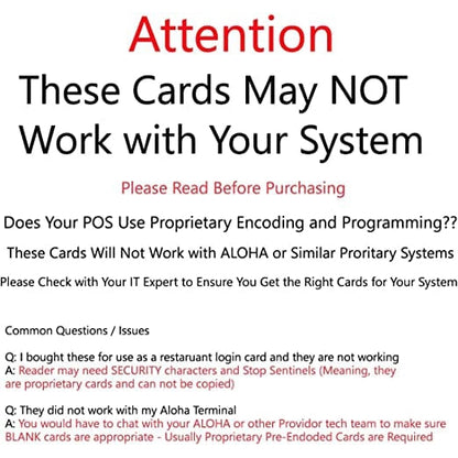 Sign displaying a warning that Standard CR80 30mil Cards w/ HiCo Mag Stripe may not work with specific systems, particularly ALOHA or similar proprietary systems. It advises users to check with IT support for compatibility.