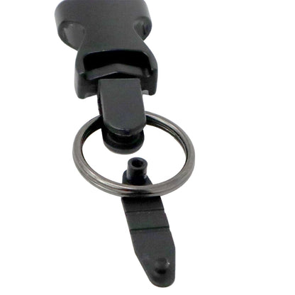 HR-BLACK close-up of black badge connector locked around a metal key ring