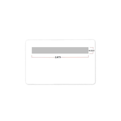 A white rectangular PVC card with a gray magnetic strip. The strip is 0.3215 inches tall and 2.875 inches wide, with dimensions marked in red lines. These Standard CR80 30mil Signature Panel PVC Cards - 1000 cards might also feature a signature panel for added security and customization options.
