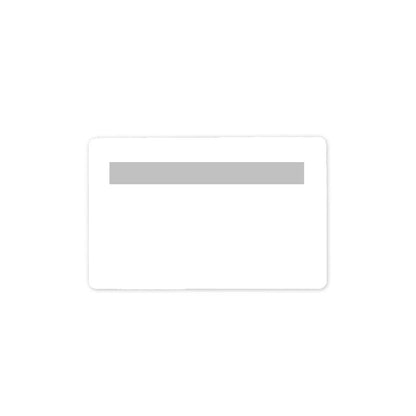 A blank, white rectangular PVC card with a horizontal gray strip across the top, typical of Standard CR80 30mil Signature Panel PVC Cards - 1000 cards. Sold by Specialist ID.