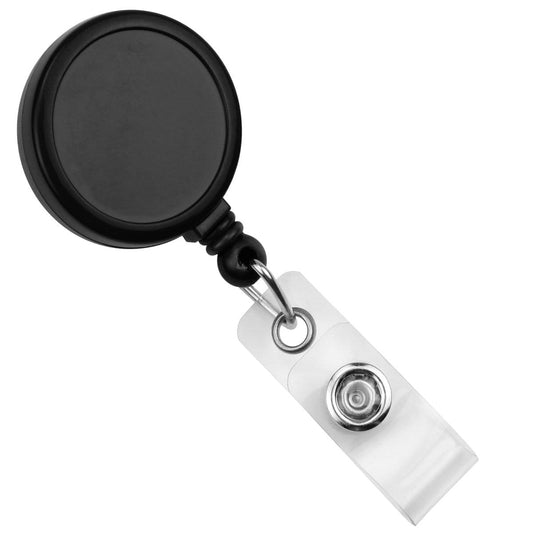 A Max Label Badge Reel with 1 Inch Smooth Face and Swivel Spring Clip (909-I) with a clear plastic holder and a convenient swivel clip.