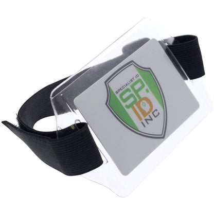 A Horizontal Arm ID Badge Holders (ABH-H) with an adjustable hook and loop armband, displaying a Specialist ID Inc. logo on a card inside.