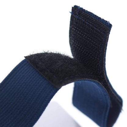 Close-up of a blue fabric strap with Velcro fastener, showing the hook and loop sides attached to each other, similar to those used in Horizontal Arm ID Badge Holders (ABH-H). Sold by Specialist ID.