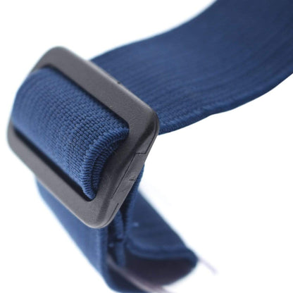 Close-up view of a blue fabric strap with a black plastic buckle, featuring an adjustable hook and loop armband on the Horizontal Arm ID Badge Holders (ABH-H). Sold by Specialist ID.