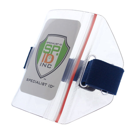 Clear flexible armband badge holder with side zip seal and elastic strap