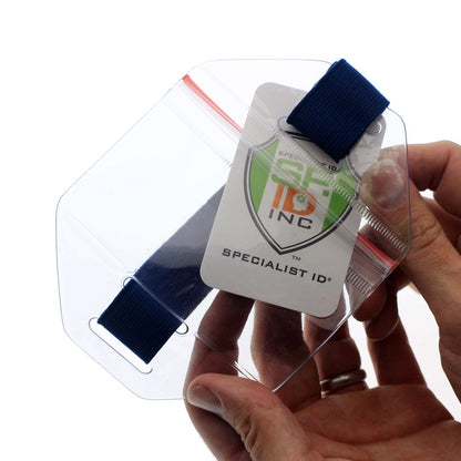 Flexible clear armband badge holder with side zip seal and inserted ID card