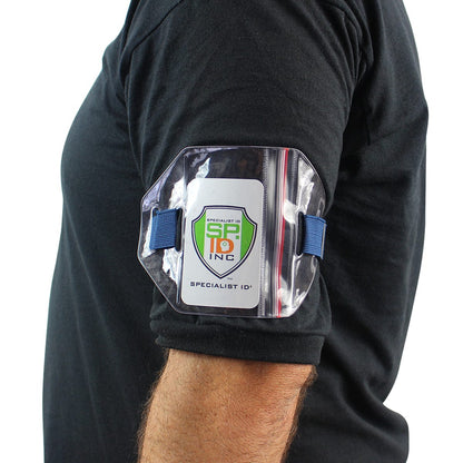 Blue side-zip armband ID badge holder worn on arm