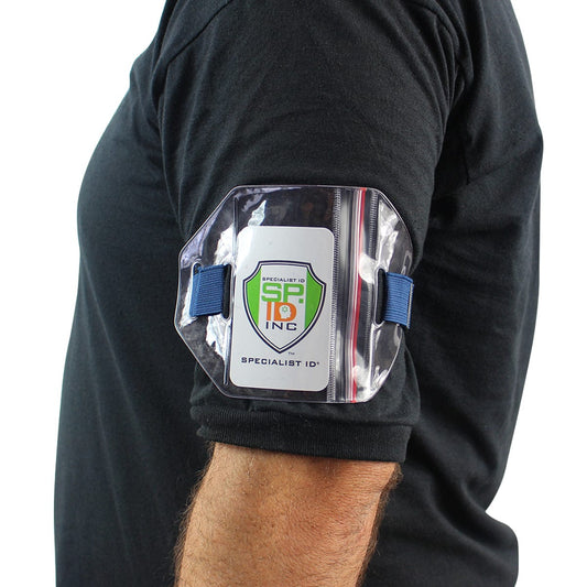Blue side-zip armband ID badge holder worn on arm
