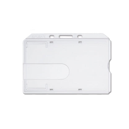Clear rigid horizontal badge holder AC-913 with thumb notch and top attachment slots.