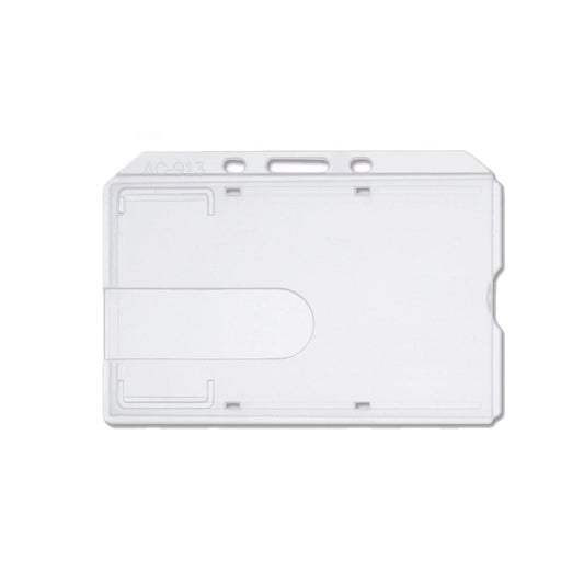A Side Load Rigid Clear Horizontal Badge Holder (AC-913) features a thumb slot and various attachment points, ensuring optimal photo ID protection.