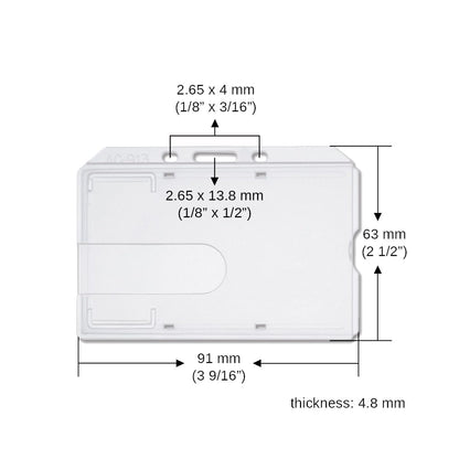 AC-913 clear rigid horizontal badge holder shown with width, height, and thickness callouts.