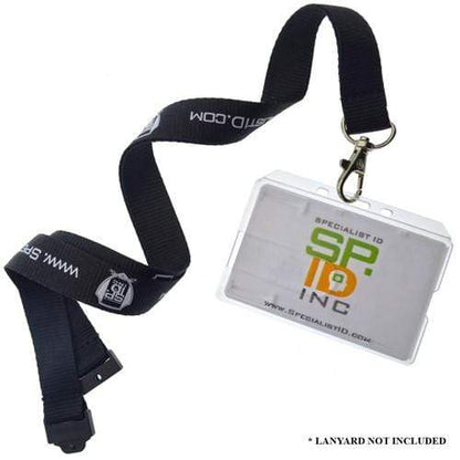 AC-913 clear horizontal badge holder attached to a lanyard and clip.