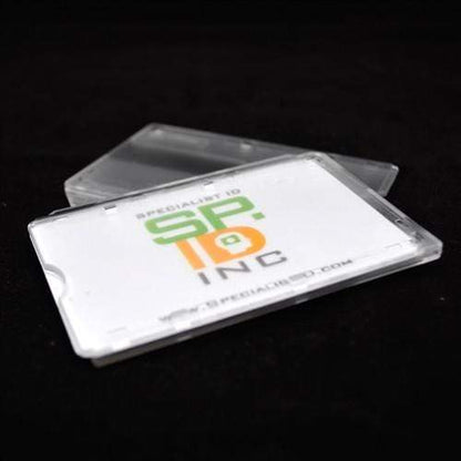 Two AC-913 clear horizontal badge holders shown with sample ID card and empty holder.