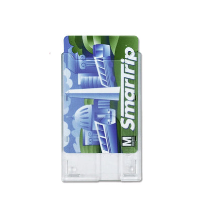 A SmarTrip card for Washington D.C.'s Metro system, featuring an illustration of landmarks in green and blue colors, held in a Top Load Rigid Clear Vertical Badge Holder (AC-915).