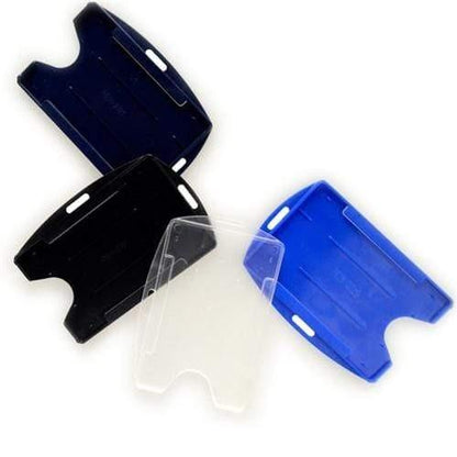 Four Rigid Open-Faced Single ID Card Holders (P/N AH-075) in black, clear, and blue, arranged in a semi-circular layout against a white background. Sold by Specialist ID.