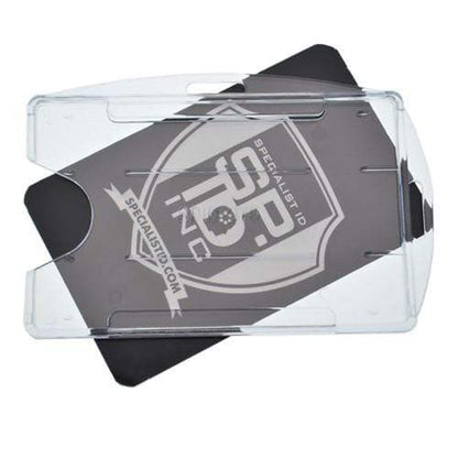 A Rigid Open-Faced Single ID Card Holder (P/N AH-075) is pictured with a black card featuring the Specialist ID Inc. logo inside.