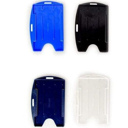 Four vertical Rigid Open-Faced Single ID Card Holders (P/N AH-075); two in blue, one in black, and one in white, are arranged in a grid pattern on a white background. Each rigid open-faced ID card holder features a slot and hook design for easy attachment.