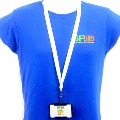 Person wearing a blue shirt with a logo on the chest and a white lanyard around their neck, holding a Rigid Open-Faced Single ID Card Holder (P/N AH-075). Sold by Specialist ID.