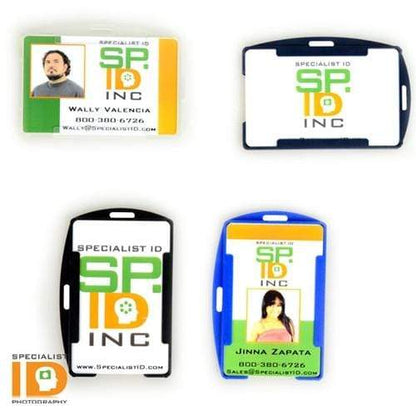 Image showing two ID badges with photos, names, contact numbers, and the "SP INC" logo. The badges are in Rigid Open-Faced Single ID Card Holders (P/N AH-075), one black and one blue. The "SP INC" text also appears prominently at the bottom.