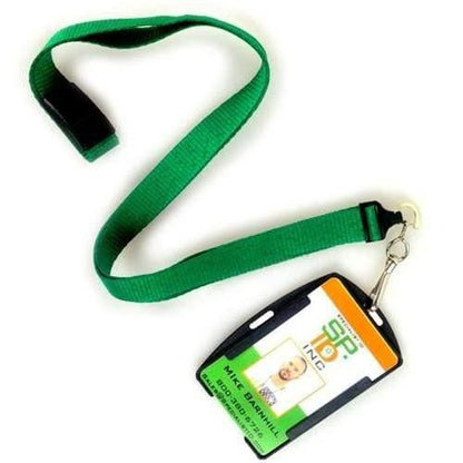 A green lanyard attached to a Rigid Open-Faced Single ID Card Holder (P/N AH-075), showcasing an identification card with an orange and green design. The ID card features a photo, name, and other text details.