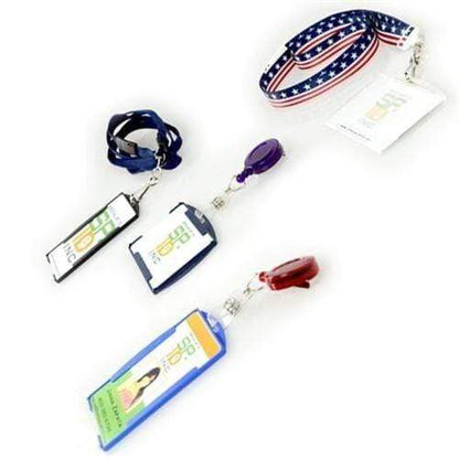 Four Rigid Open-Faced Single ID Card Holders (P/N AH-075) with lanyards, featuring different colors and designs. The lanyards are in shades of blue, red, and one with a star and stripe pattern.