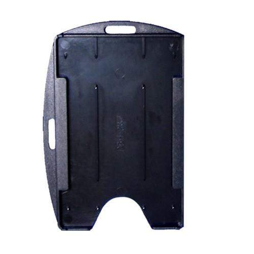 A black, rigid open-faced Rigid Open-Faced Single ID Card Holder (P/N AH-075) with a rounded top and bottom, featuring a grip handle and side handles cut out for easy carrying.