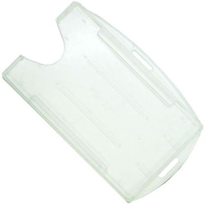 A Rigid Open-Faced Single ID Card Holder (P/N AH-075) features a notch on one side and slots for attachment on both ends. Sold by Specialist ID.