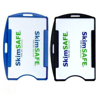 Two SkimSAFE FIPS 201 RFID Blocking Single Card ID Holders (P/N AH-200), one blue and one black, with "SkimSAFE" printed on them, designed for FIPS 201 approved RFID blocking to protect cards from electronic theft.