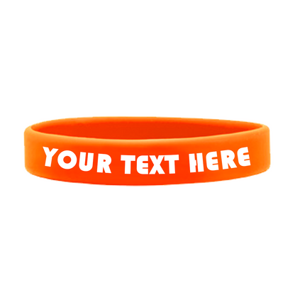 An orange, high-quality Customizable Adult 1/2" Silicone Wristbands featuring the customizable text "YOUR TEXT HERE" in bold white letters, perfect for promoting a cause. Sold by Specialist ID.