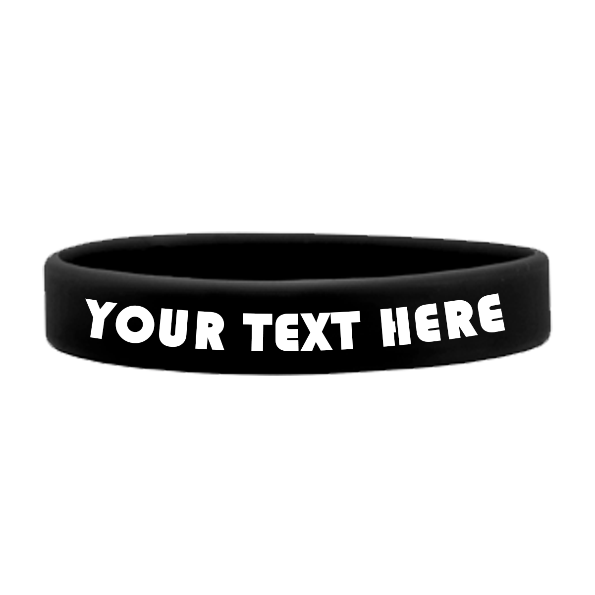 A black, high-quality Customizable Adult 1/2" Silicone Wristbands featuring "YOUR TEXT HERE" in bold white letters are perfect for promoting a cause. These customizable silicone wristbands allow you to personalize the message to suit your needs.