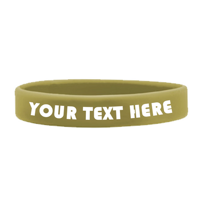 Customizable Adult 1/2" Silicone Wristbands in olive green feature "YOUR TEXT HERE" in large white capital letters, perfect for promoting a cause. Made from high-quality silicone for durability and comfort.