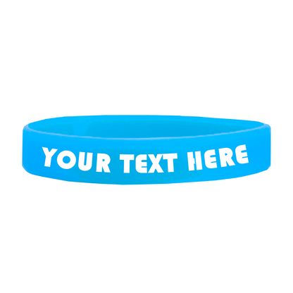 Blue Customizable Adult 1/2" Silicone Wristbands with the phrase "YOUR TEXT HERE" in white capital letters. Ideal for promoting a cause, these high-quality silicone bands are perfect for spreading your message with style and durability.