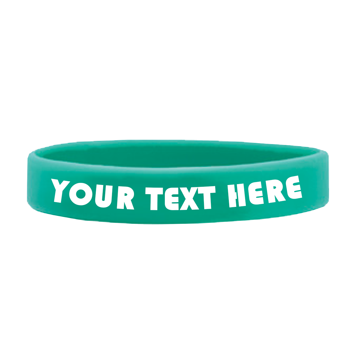A high-quality teal Customizable Adult 1/2" Silicone Wristband with the text "YOUR TEXT HERE" printed in white, perfect for promoting a cause. Customizable silicone wristbands like this one ensure your message stands out.