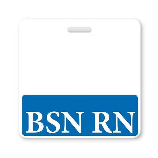 A BSN RN Registered Nurse Horizontal Badge Buddy - 2 Sided ID Backer for BSN Registered Nurses featuring "BSN RN" in bold white text on a blue background, ideal for any Registered Nurse.