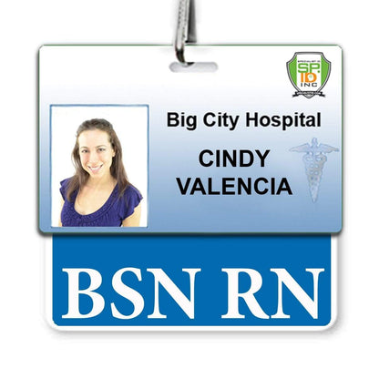An employee BSN RN Registered Nurse Horizontal Badge Buddy - 2 Sided ID Backer for BSN Registered Nurses for "Cindy Valencia" of Big City Hospital, featuring her photo and the professional title "BSN RN, Registered Nurse.