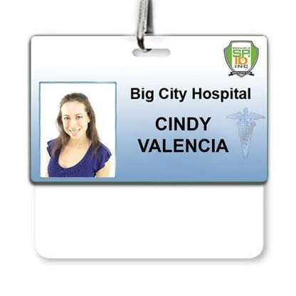 A Blank Horizontal Badge Buddy for "Cindy Valencia" from Big City Hospital, featuring her photo and a medical symbol, crafted on durable synthetic paper. Sold by Specialist ID.