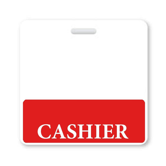 A white square name tag with a red bottom section displaying the word "CASHIER" in bold white letters, made from the highest quality synthetic paper for durability and clear role recognition. Perfect as a CASHIER Horizontal Badge Buddy with Red Border.