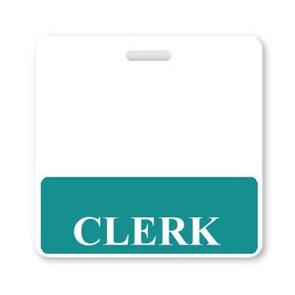A CLERK Horizontal Badge Buddy with TEAL Border. Sold by Specialist ID.