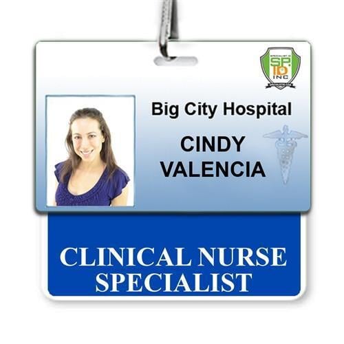 ID badge for Cindy Valencia from Big City Hospital, displaying her title as Clinical Nurse Specialist, with a photo of her in the top left corner. This fully laminated Teslin badge also serves as a "CLINICAL NURSE SPECIALIST" Horizontal Badge Buddy with Blue border for instant role recognition.