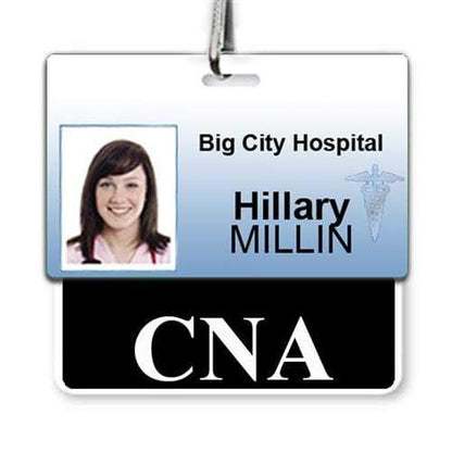 A "CNA" Horizontal Badge Buddy with Black Border And White Text for Big City Hospital displays the photo of Hillary Millin, with 'CNA' on a black lower section. This horizontal badge buddy showcases her role as a Certified Nursing Assistant.