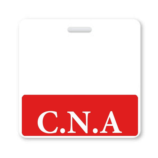 A "C.N.A." Horizontal Badge Buddy with Red Border displaying the white letters "C.N.A. Sold by Specialist ID.