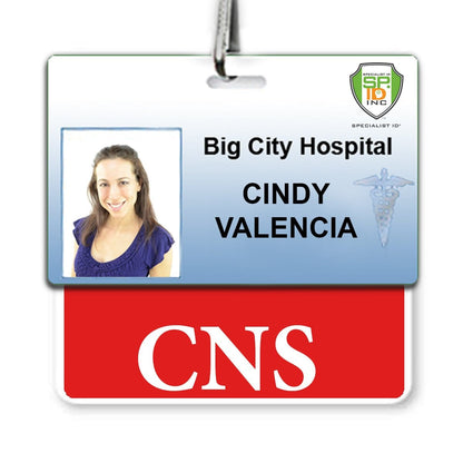 ID badge for Big City Hospital featuring a photo of a woman, Cindy Valencia, with the "CNS" Horizontal Badge Buddy with Red Border at the bottom and a red border. Sold by Specialist ID.