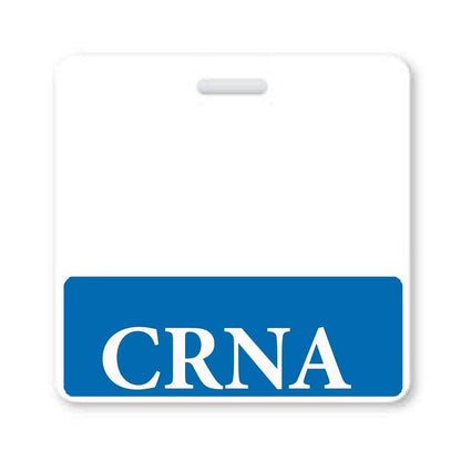 A CRNA Horizontal Badge Buddy with Blue Border, perfect for role recognition as a nurse anesthetist. Sold by Specialist ID.