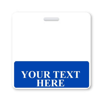 A white rectangular Custom Printed Badge Buddy Horizontal (Standard Size) with a slot at the top, resembling standard size ID badges, and a blue section at the bottom reading "YOUR TEXT HERE" in white capital letters.